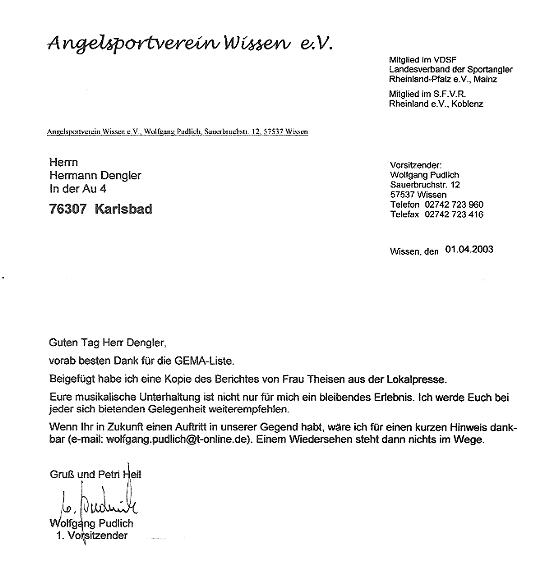 Schreiben Schlachtfest Angelsportverein Wissen