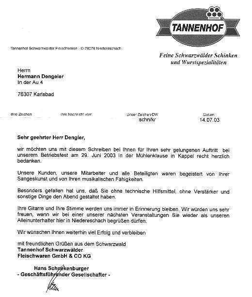 Schreiben Firma Tannenhof Niedereschach